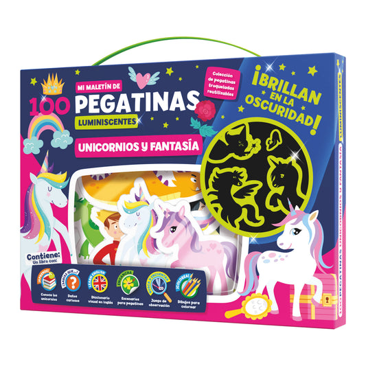 MALETIN 100 PEGATINAS LUMINESCENTES - UNICORNIOS FANTASIA